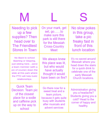 Messiah Staff Scavenger Hunt Bingo Card