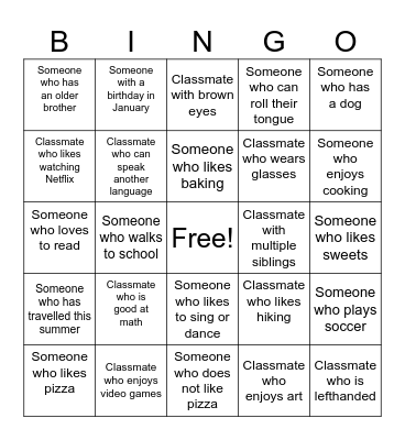 Classmate Bingo Card