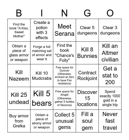 Skyrim Randomized Bingo Card