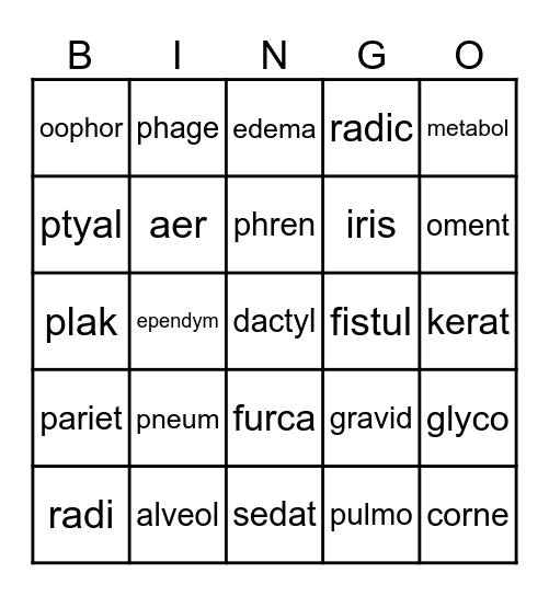 Lesson 8 Medical Terms Bingo Card