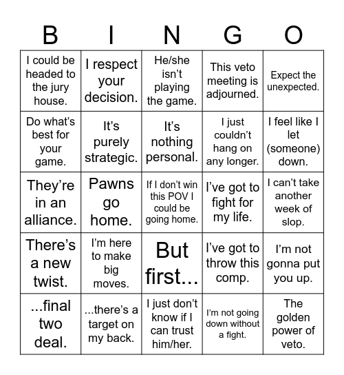 Big Brother Bingo Card