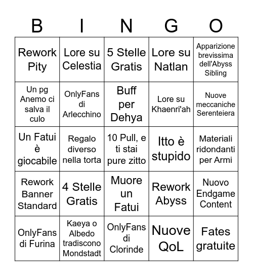 Bingo Terzo Anniversario Genshin Impact Bingo Card