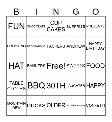 Andrews 30th Birthday ! Bingo Card