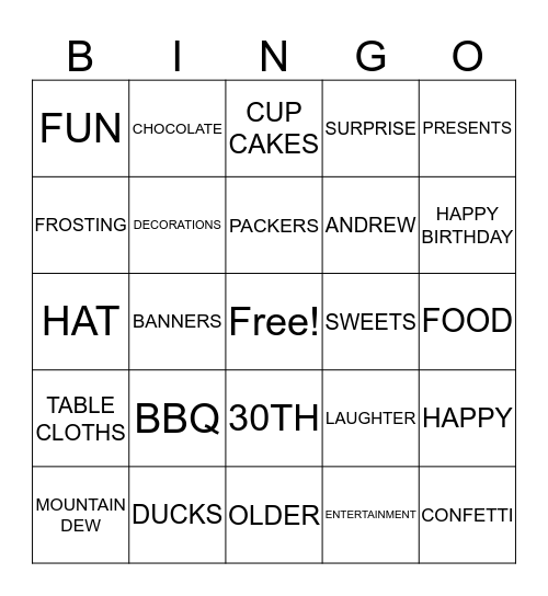 Andrews 30th Birthday ! Bingo Card