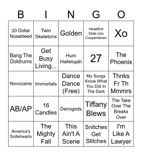 Fall Out Boy Bingo Card