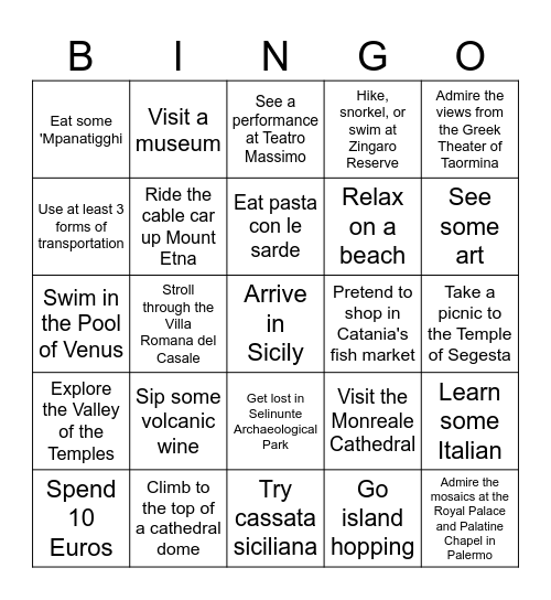 Sicily Travel Bingo Card
