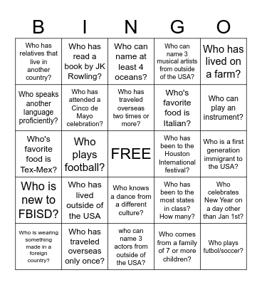 Cultural Bingo Card