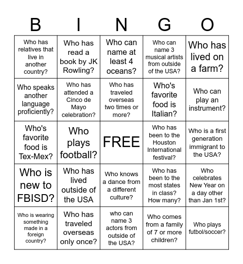 Cultural Bingo Card