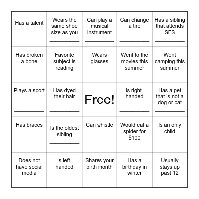 Getting To Know You Bingo Card