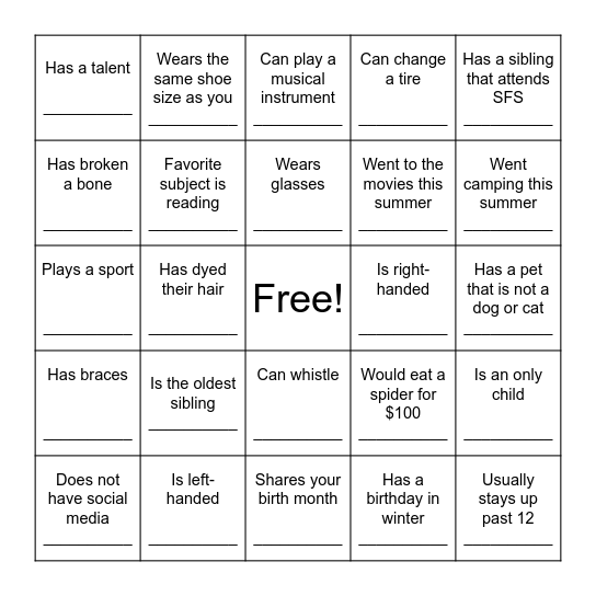 Getting To Know You Bingo Card