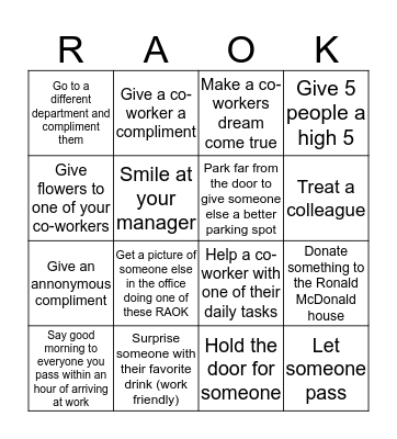 Random Acts of Kindness Bingo Card