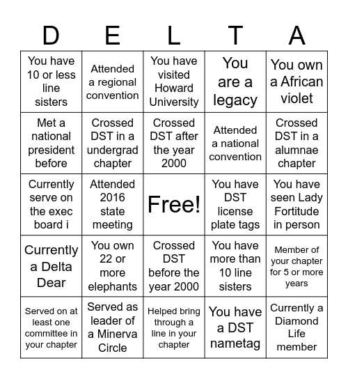 Delta Sigma Theta Bingo Card