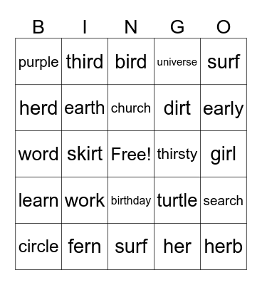 er, ir, ur, or, ear sounds Bingo Card