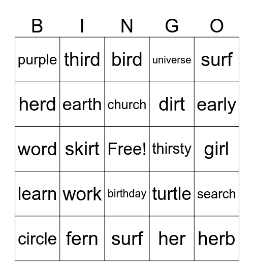er, ir, ur, or, ear sounds Bingo Card