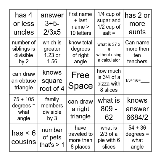 Getting to Know You Math Bingo Card