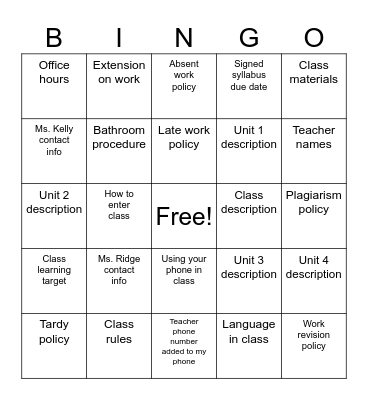 English 9 Syllabus Bingo Card