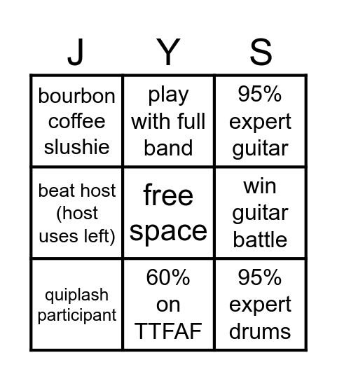 Rock Band Bingo Card