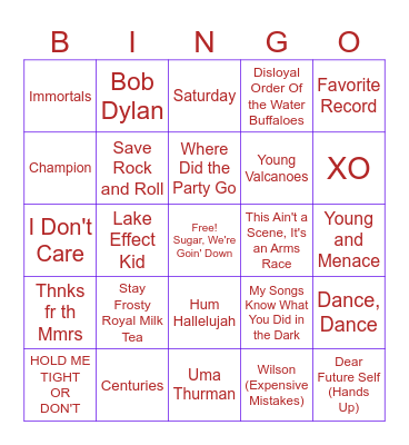 Fall Out Boy Bingo Card