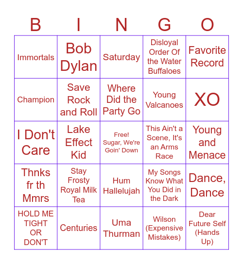 Fall Out Boy Bingo Card