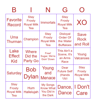 Fall Out Boy Bingo Card