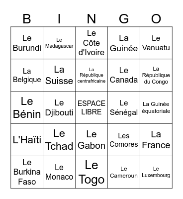 Les pays où le français est une langue officielle Bingo Card
