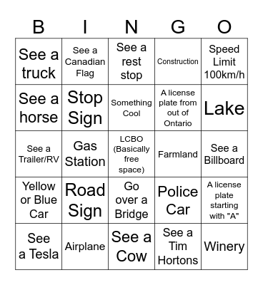 RoadTrip Bingo Card