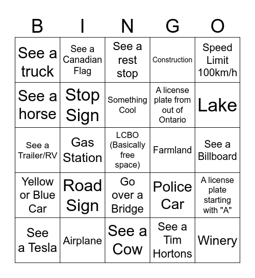RoadTrip Bingo Card