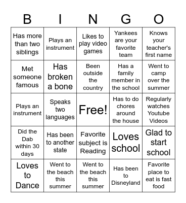 First Day of School Bingo Card