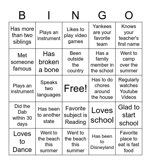 First Day of School Bingo Card