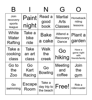 Fun in Recovery Bingo Card