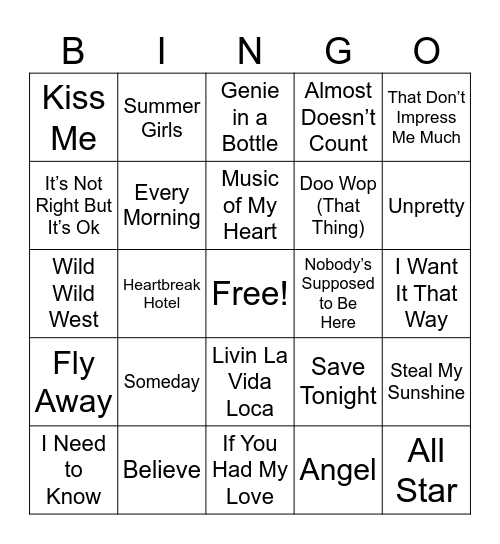 SONGS OF 1999 Bingo Card