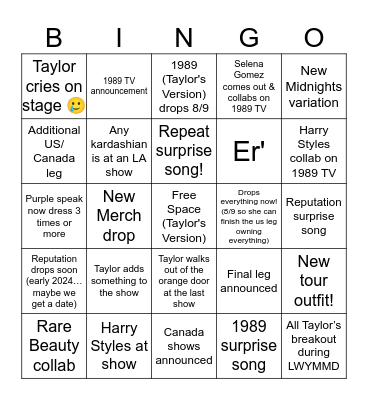 Era's Tour Bingo Card