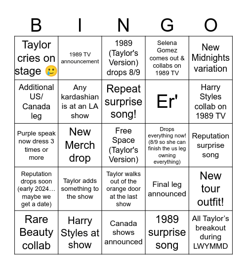 Era's Tour Bingo Card