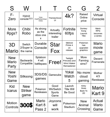Switch 2 Bingo Card