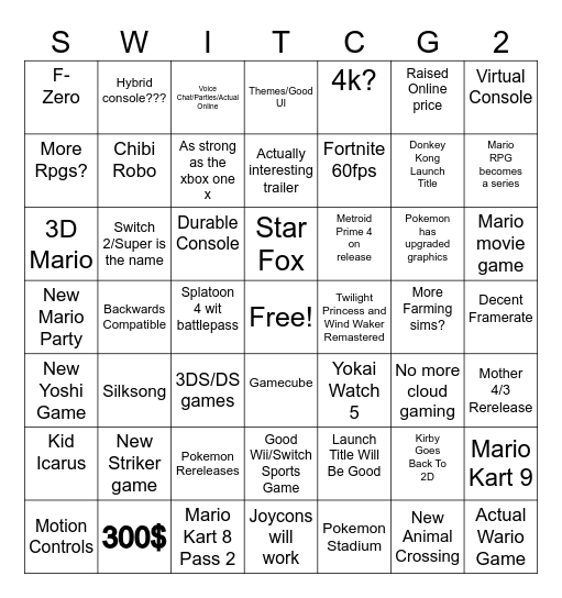 Switch 2 Bingo Card