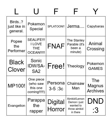 luffer interest thing! awesome sauceum Bingo Card