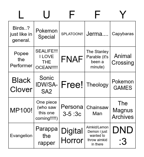 luffer interest thing! awesome sauceum Bingo Card