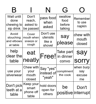 Table Manners - Kat and Tab are awesome :) Bingo Card