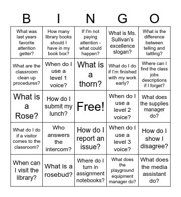 Class Procedures Bingo! Bingo Card