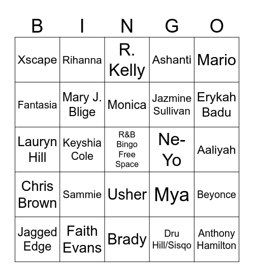 R&B Music Bingo Card