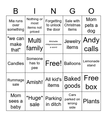 Chelle Yard sale Bingo Card