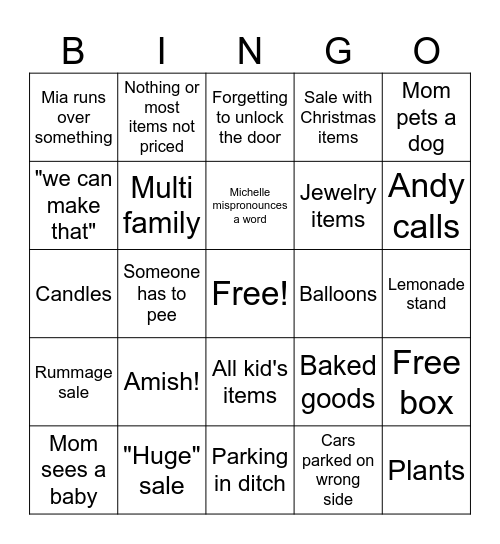 Chelle Yard sale Bingo Card