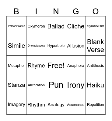 Poetic Devices Bingo Card