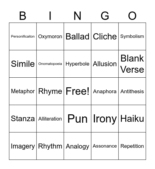 Poetic Devices Bingo Card