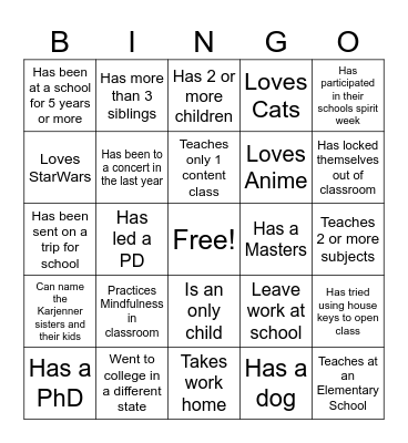 Teacher Bingo Card