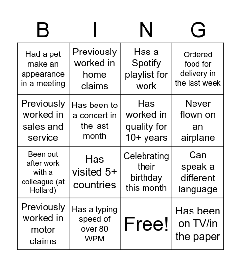 QUALITY TEAM BINGO Card