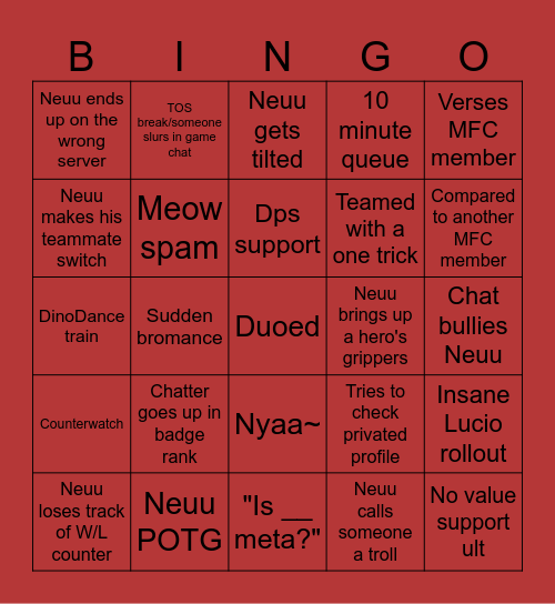 Neuu Stream Bingo Card