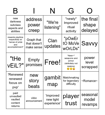 DESTNY 2 STATE OF THE GAME Bingo Card