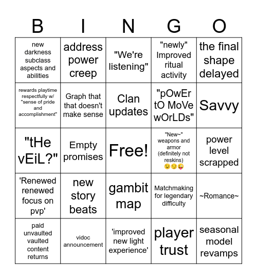 DESTNY 2 STATE OF THE GAME Bingo Card