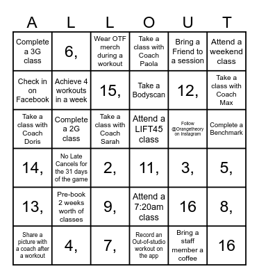 Orangetheory Fitness Bingo Card
